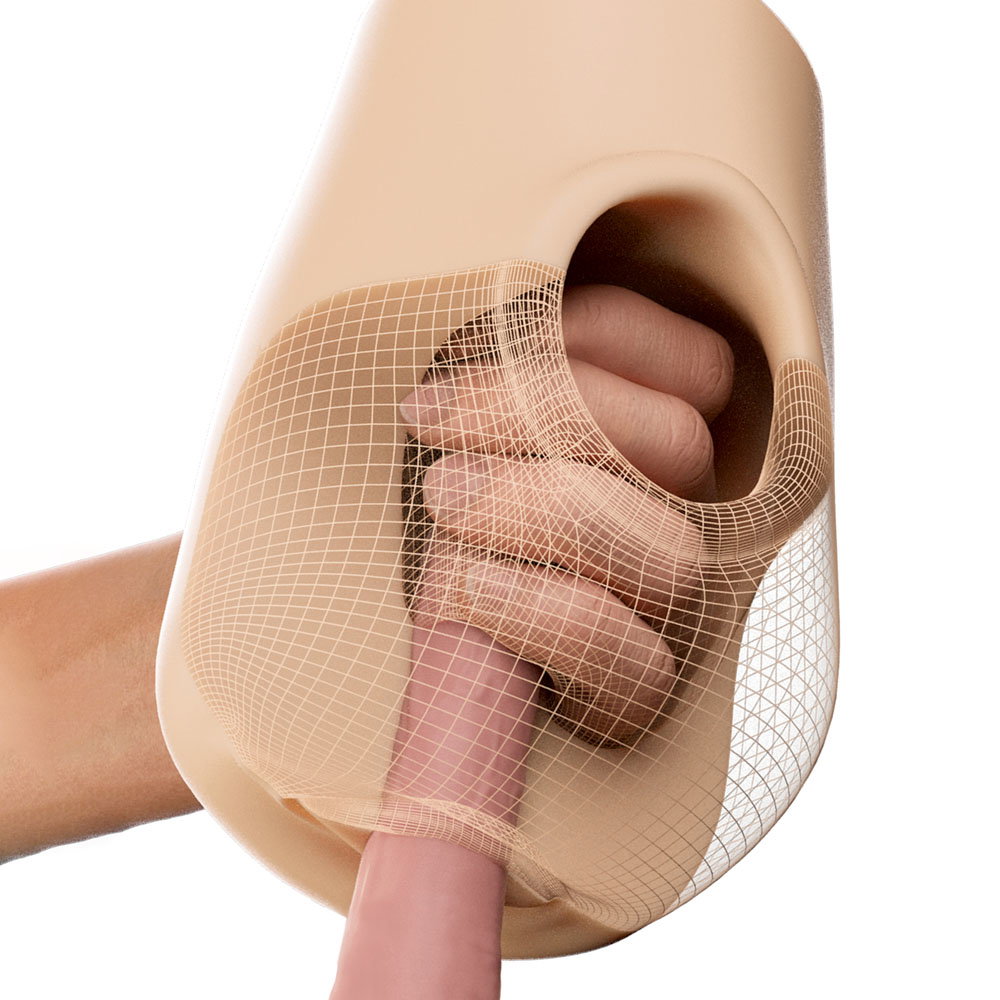 PDX Plus Squeeze Stroker in flesh colour, a textured handheld masturbator sleeve by Pipedream