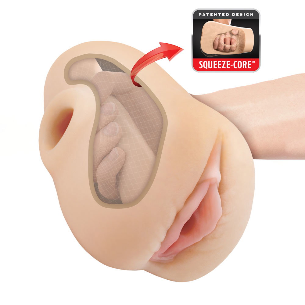 PDX Plus Squeeze Stroker in flesh colour, a textured handheld masturbator sleeve by Pipedream