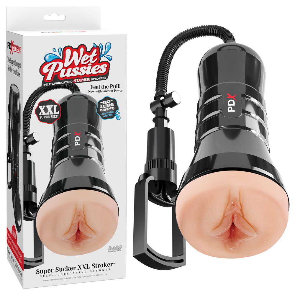 Pipedream PDX Super Sucker XXL Stroker in flesh tone with handled case and suction pump