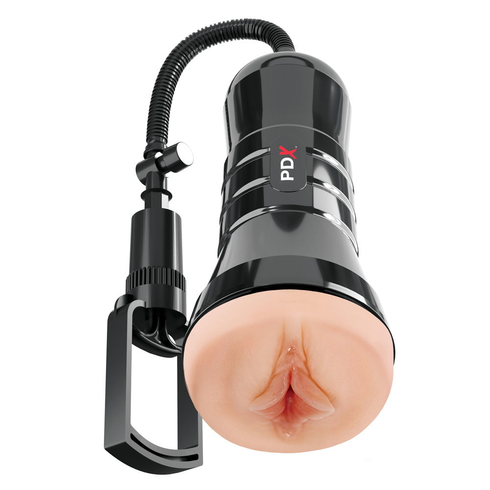 Pipedream PDX Super Sucker XXL Stroker in flesh tone with handled case and suction pump