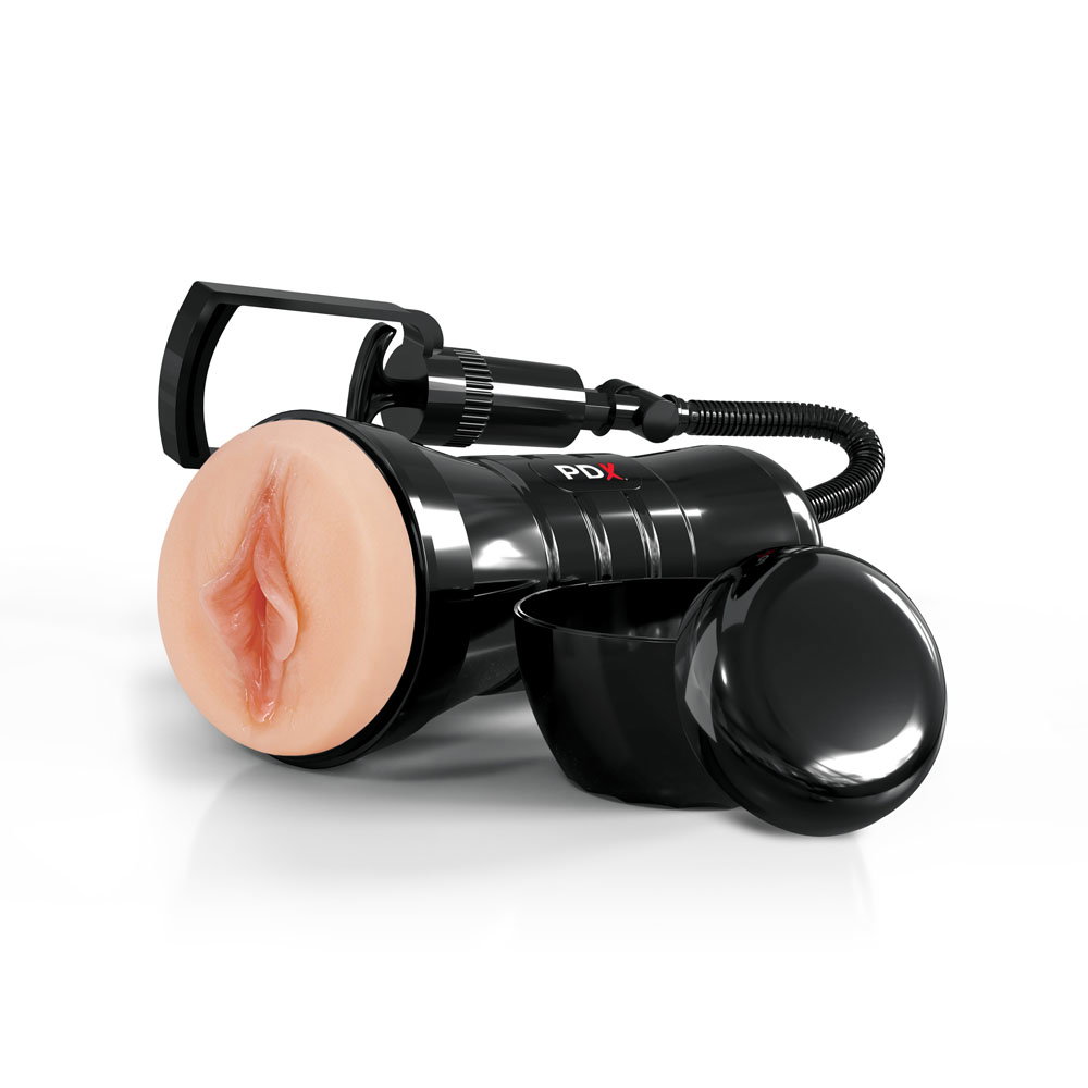 Pipedream PDX Super Sucker XXL Stroker in flesh tone with handled case and suction pump