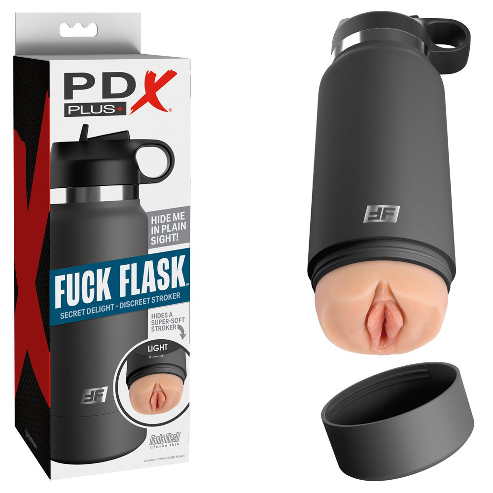 Pipedream PDX Plus Flask Secret Delight masturbator styled like a water bottle, flesh colour