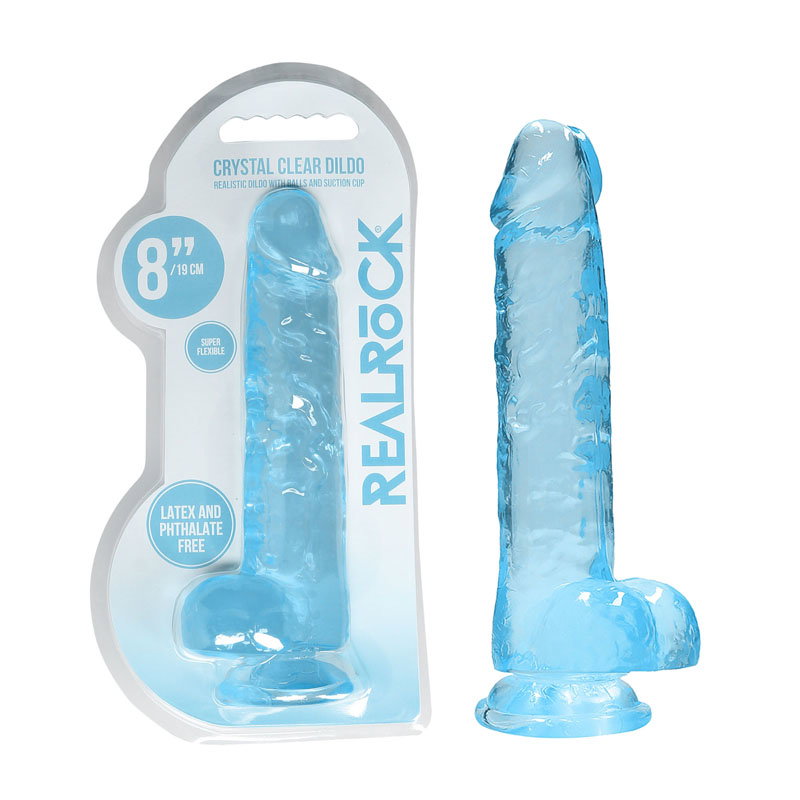 Blue REALROCK 8-inch realistic dildo with balls and suction cup base