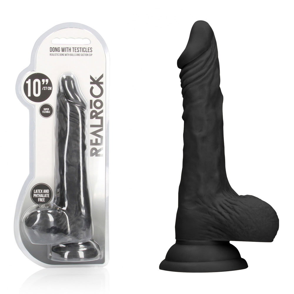 Shots Toys RealRock 10 inch realistic black dildo with balls and suction cup base
