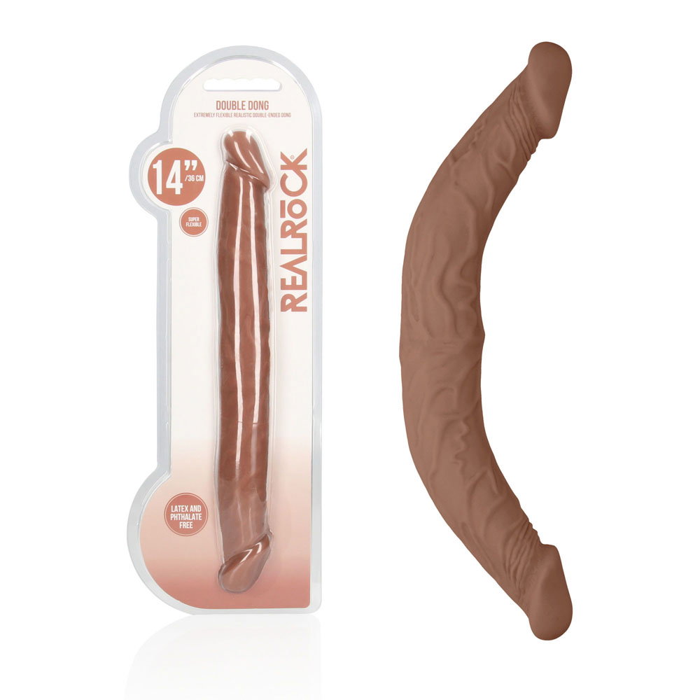 REALROCK 14-inch realistic double-ended dildo in tan, skin-like TPE material
