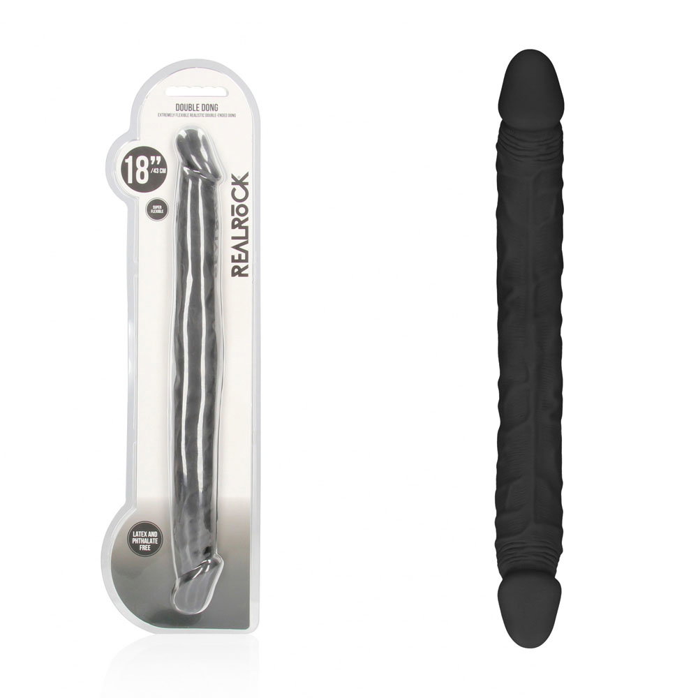 Shots RealRock 46cm realistic black double-ended dildo made from Skin TPE