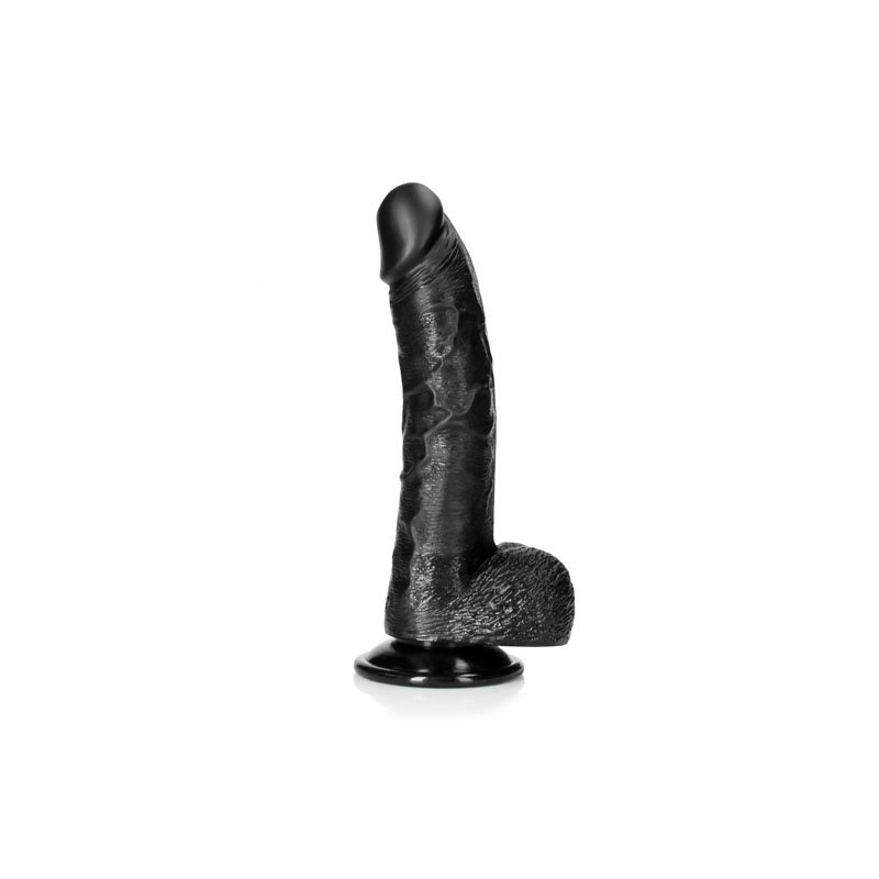 RealRock black curved realistic dildo with balls and suction cup base, 20.5 cm