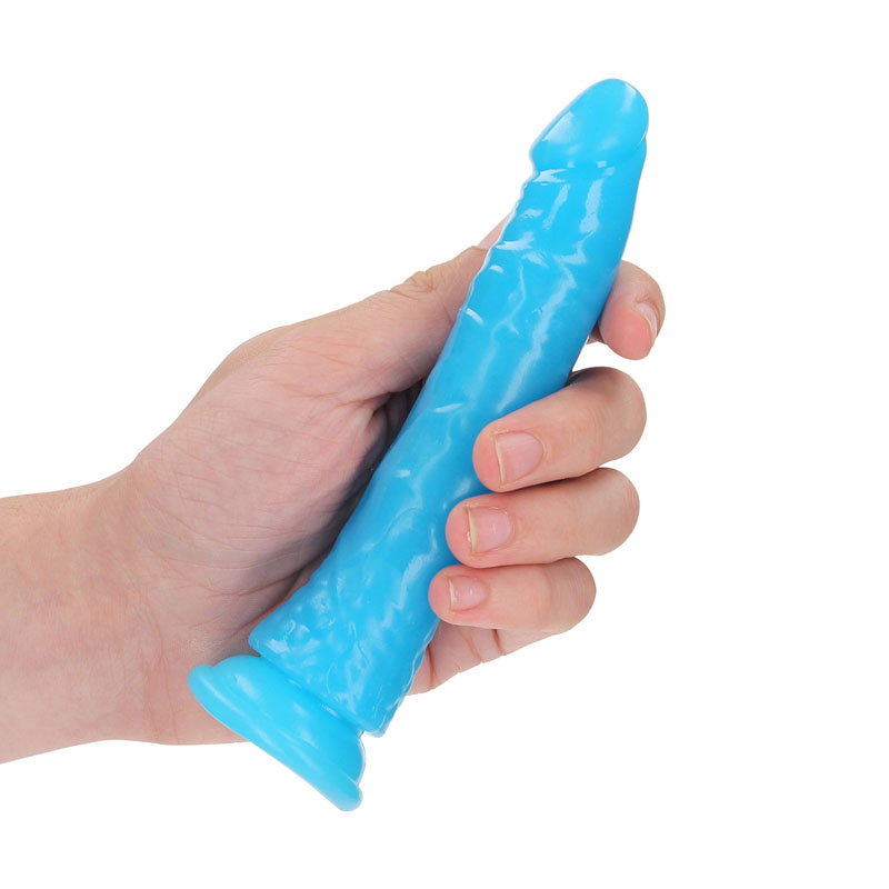 REALROCK blue slim glow-in-the-dark dildo with suction cup base, 15.5 cm insertable length