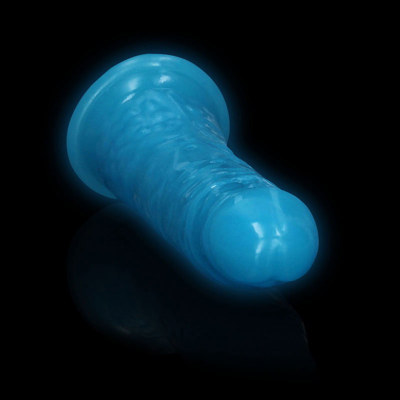 REALROCK blue slim glow-in-the-dark dildo with suction cup base, 15.5 cm insertable length