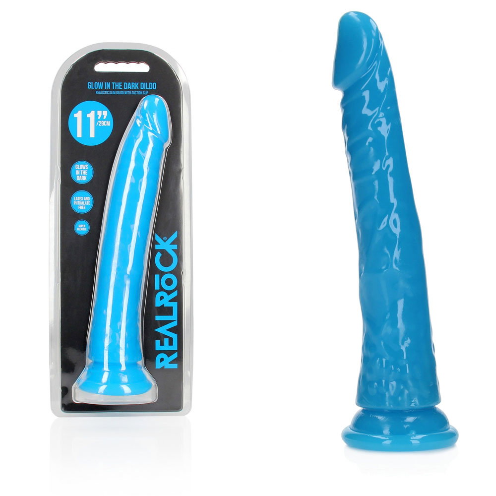 REALROCK 29 cm slim glow in the dark dildo in blue with suction cup base