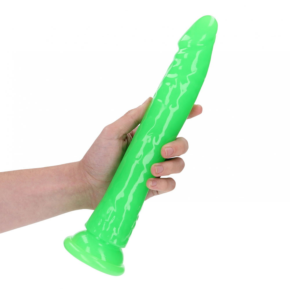 REALROCK 29 cm slim glow-in-the-dark dildo in green with suction cup base