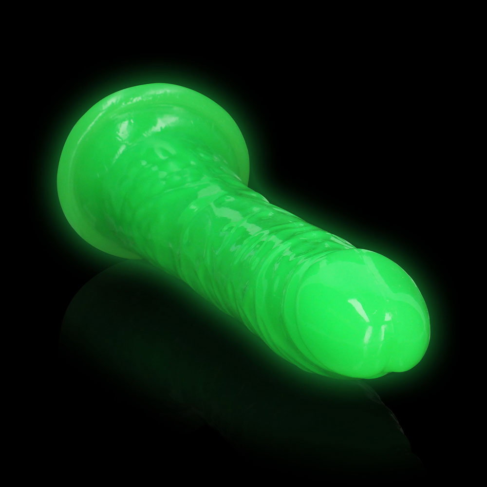 REALROCK 29 cm slim glow-in-the-dark dildo in green with suction cup base