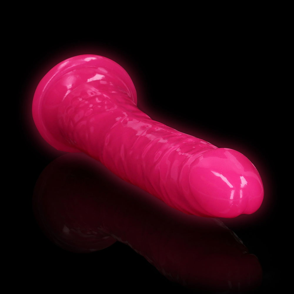 Pink glow-in-the-dark slim dildo with suction cup base, 29cm insertable length