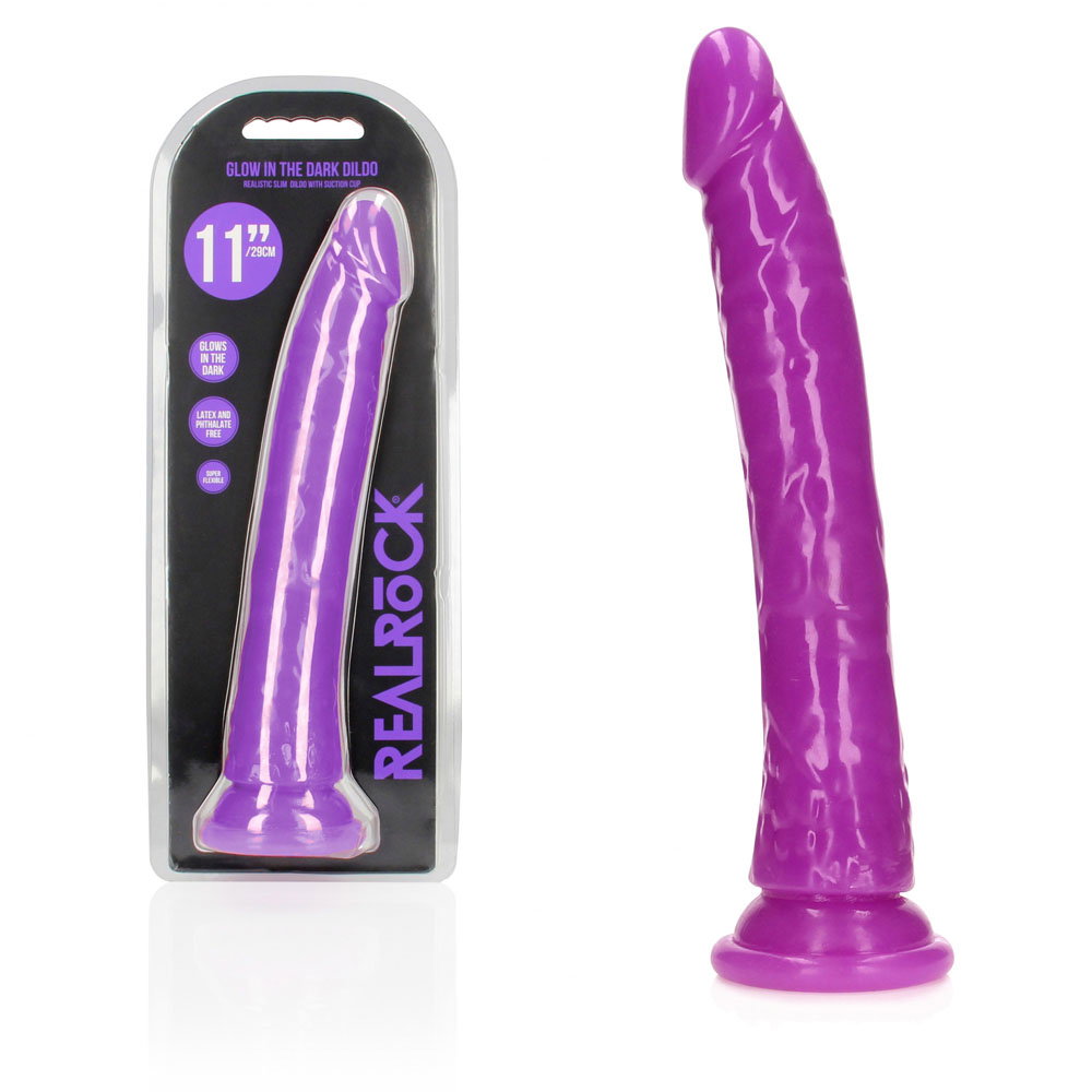 REALROCK 29cm slim glow-in-the-dark dildo in purple with suction cup base