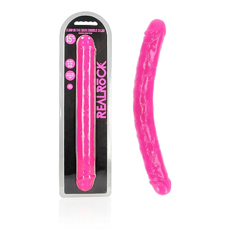 REALROCK 38 cm glow-in-the-dark double dong in pink TPE, double-ended dildo