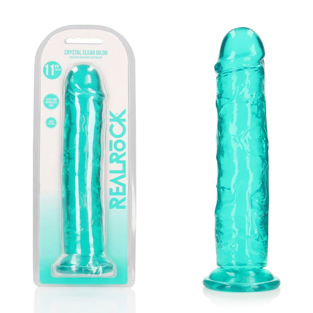 Shots Toys REALROCK 31cm straight dildo in translucent turquoise with suction cup base