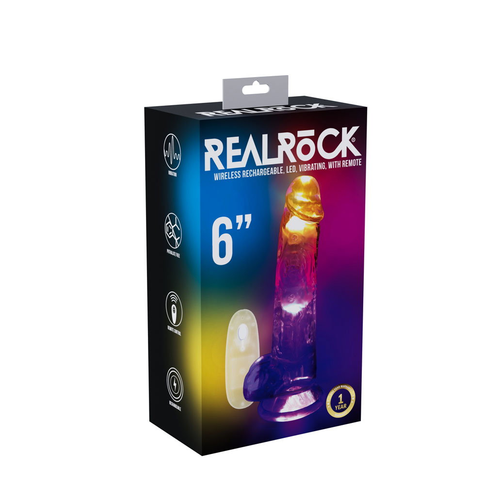RealRock Rechargeable LED 6'' Straight realistic dildo with balls and suction cup base