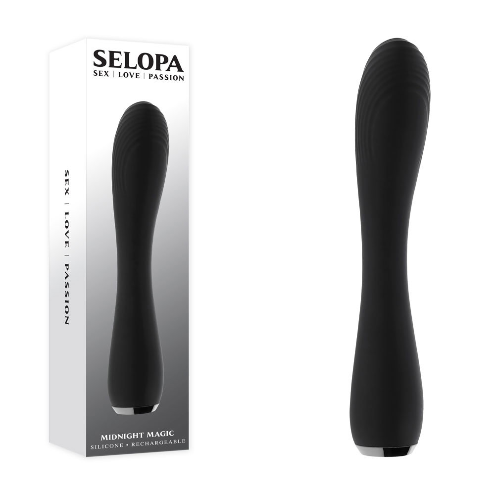Selopa Midnight Magic black vibrator with curved, textured shaft and tapered tip