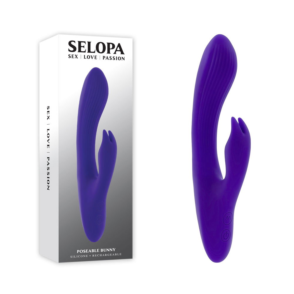 Selopa purple poseable bunny vibrator with textured shaft and rabbit-eared stimulator