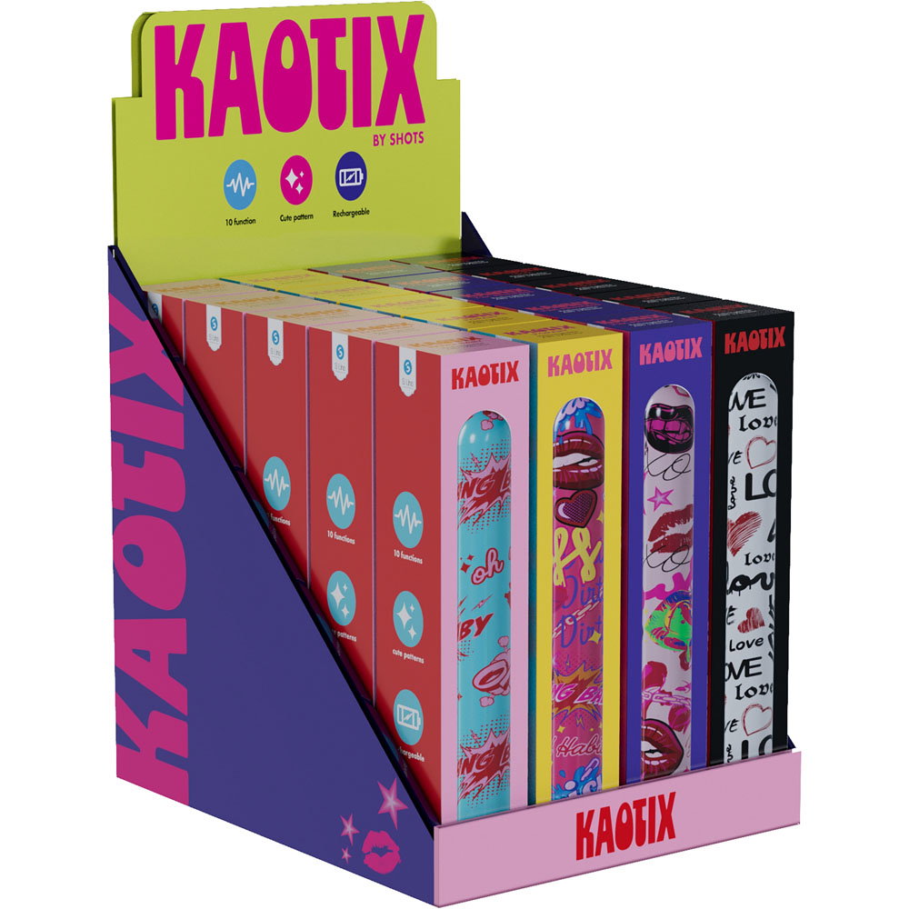 S-LINE Kaotix Display Box vibrator by Shots Toys with bold, colourful patterned packaging