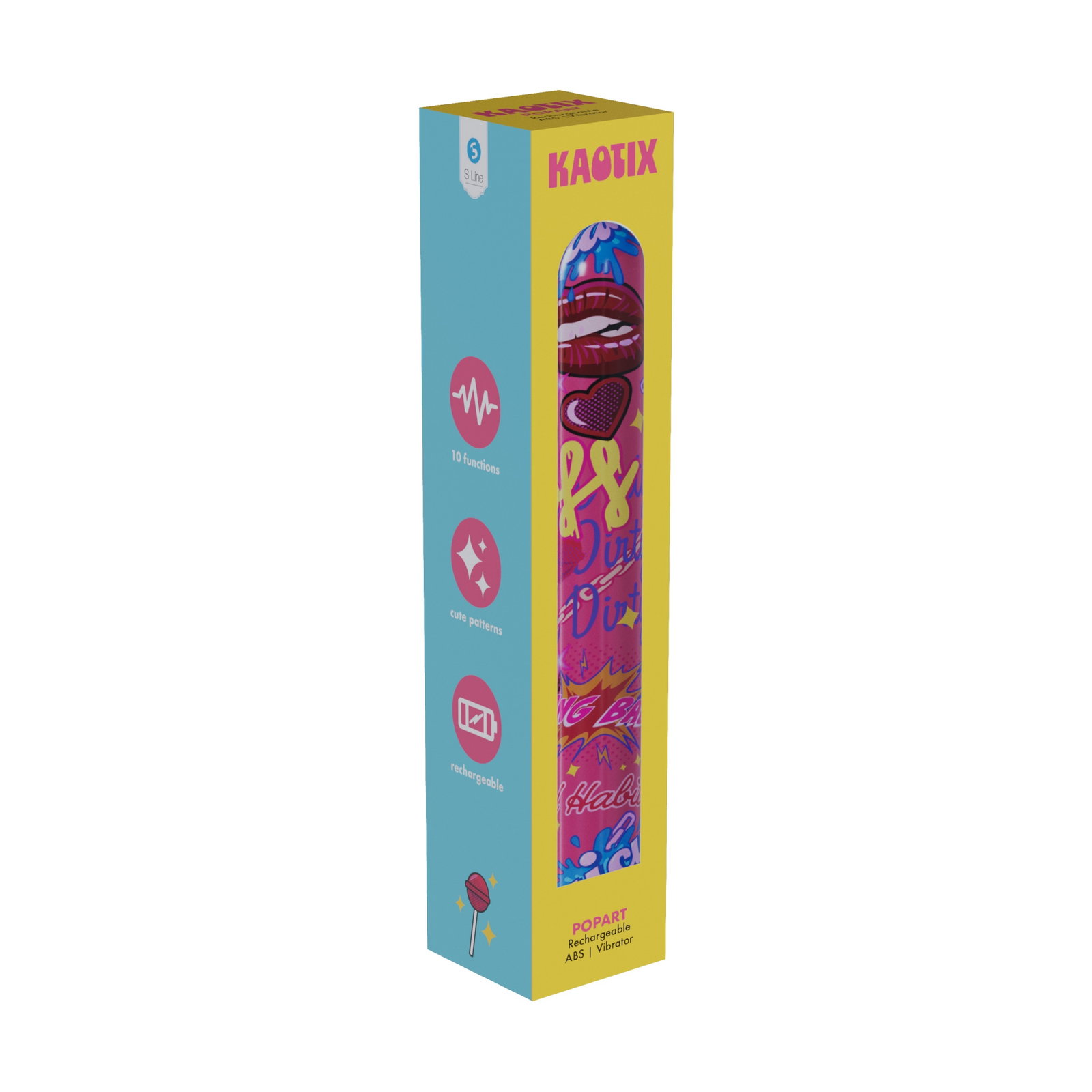S-LINE Kaotix Display Box vibrator by Shots Toys with bold, colourful patterned packaging