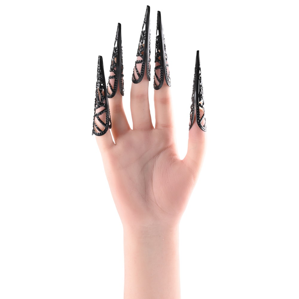 Set of five black metal fingertip covers by Sportsheets, used for sensory and pressure play