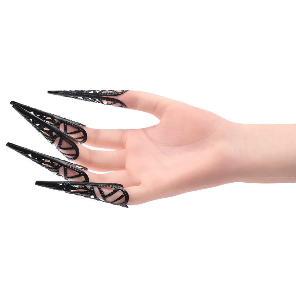 Set of five black metal fingertip covers by Sportsheets, used for sensory and pressure play