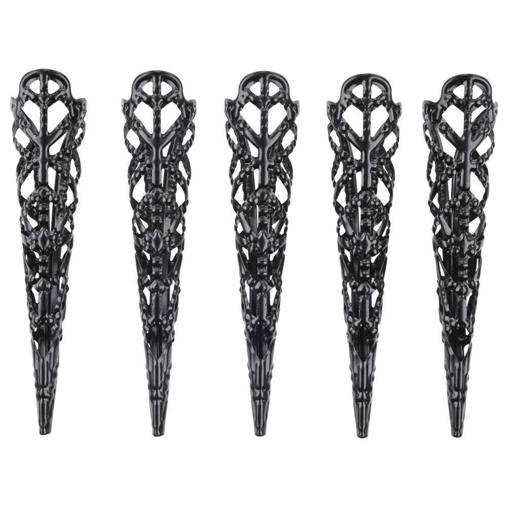 Set of five black metal fingertip covers by Sportsheets, used for sensory and pressure play