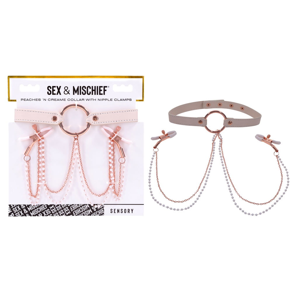 Peach faux leather bondage collar with rose gold hardware and attached nipple clamps