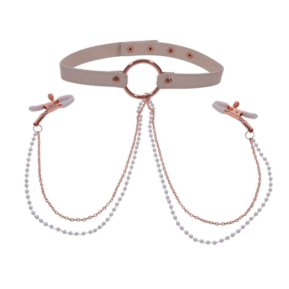 Peach faux leather bondage collar with rose gold hardware and attached nipple clamps
