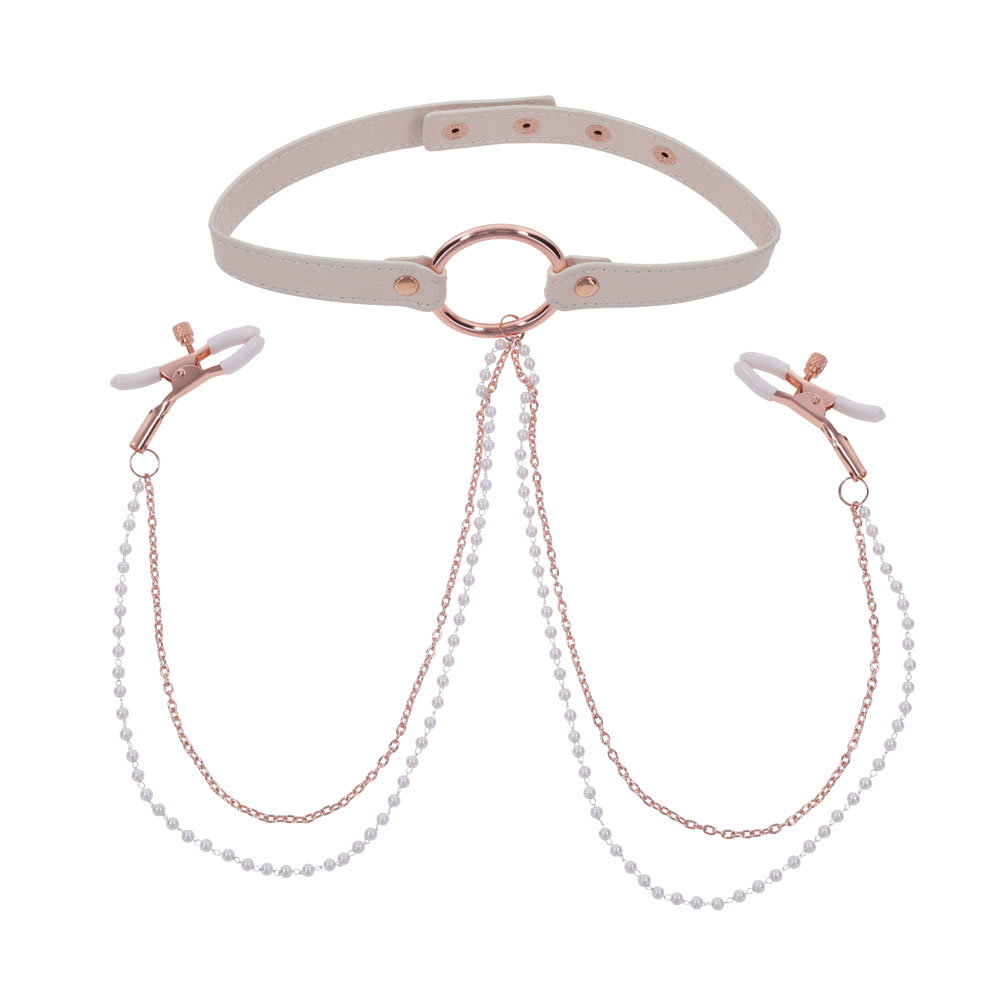 Peach faux leather bondage collar with rose gold hardware and attached nipple clamps