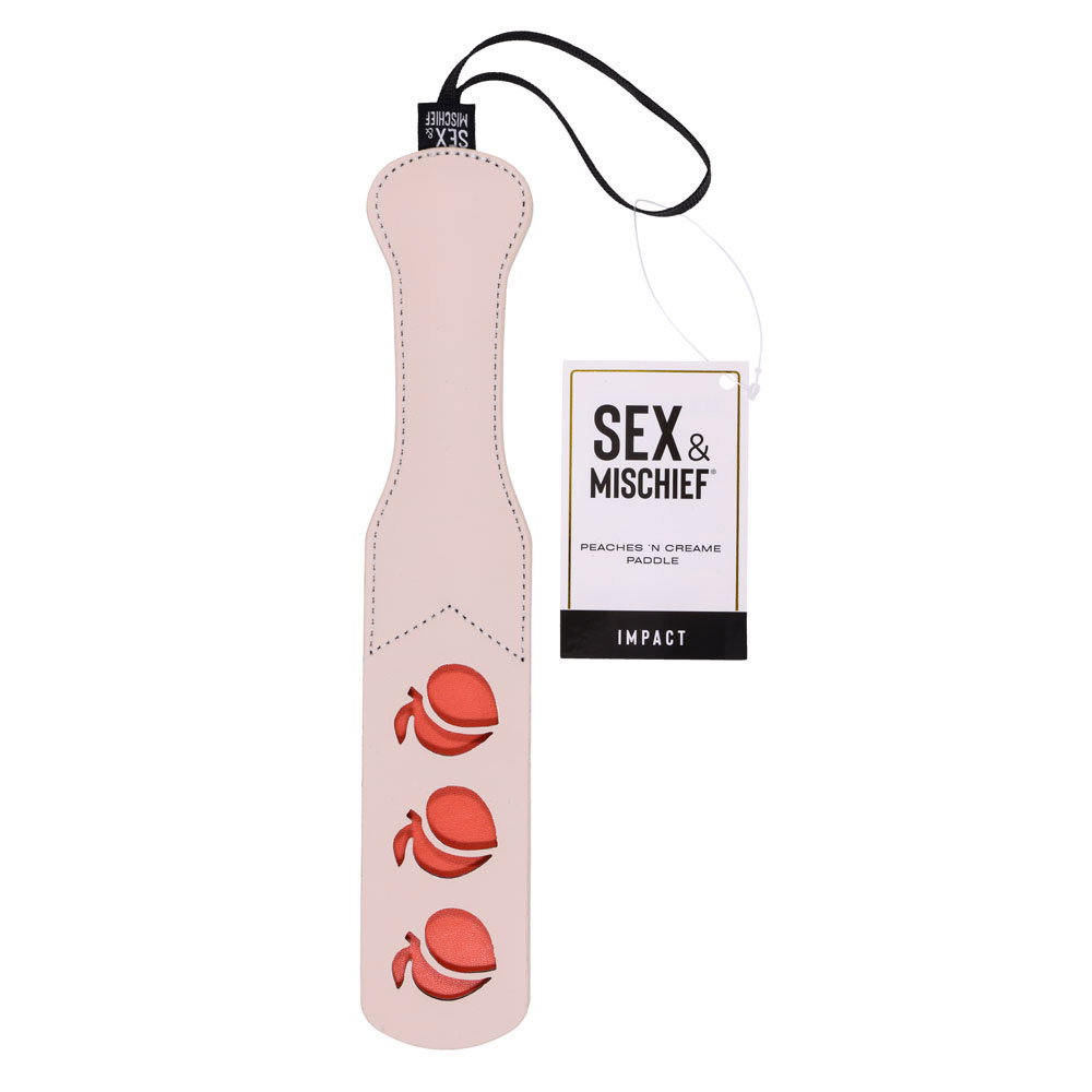 Sportsheets Peaches n CreaMe faux leather paddle with peach-shaped cut outs and wrist strap