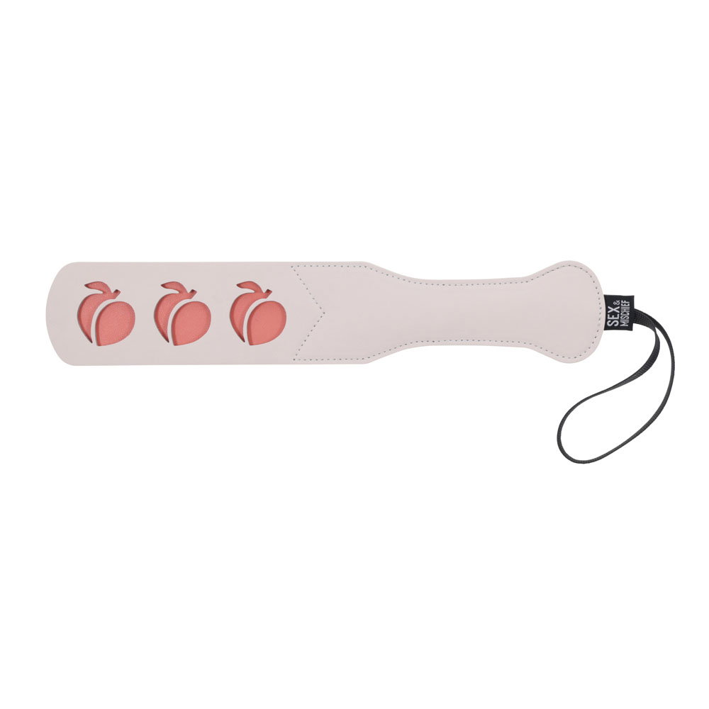 Sportsheets Peaches n CreaMe faux leather paddle with peach-shaped cut outs and wrist strap