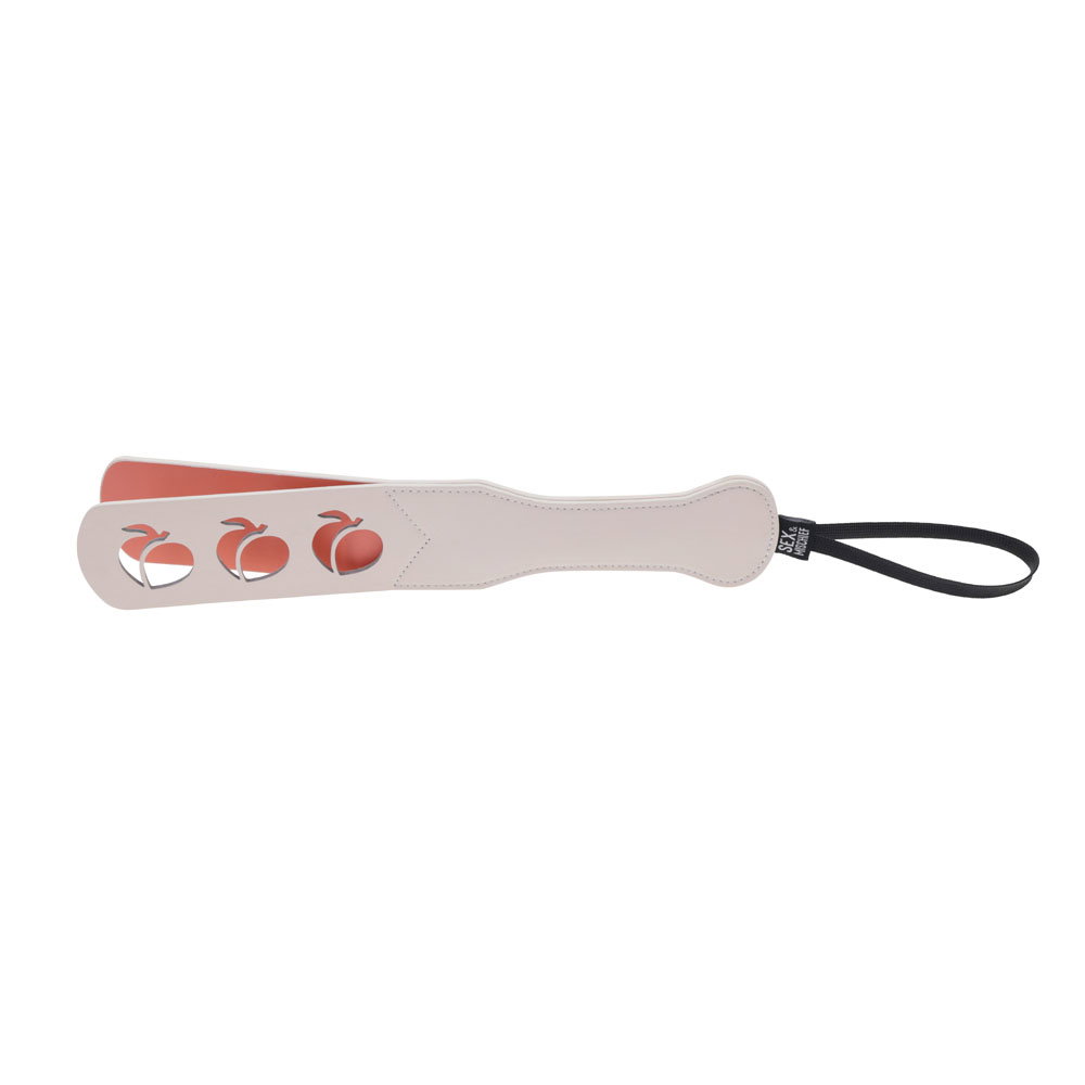Sportsheets Peaches n CreaMe faux leather paddle with peach-shaped cut outs and wrist strap
