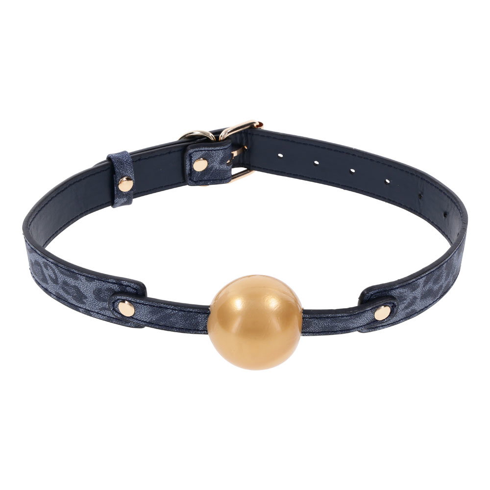 Sportsheets S&M Cougar Ball Gag, a soft rubber ball gag with blue and gold strap