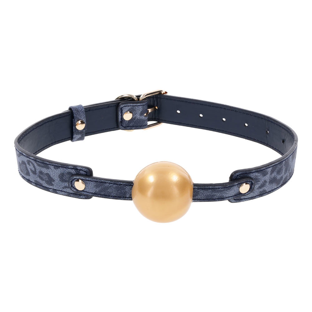 Sportsheets S&M Cougar Ball Gag, a soft rubber ball gag with blue and gold strap