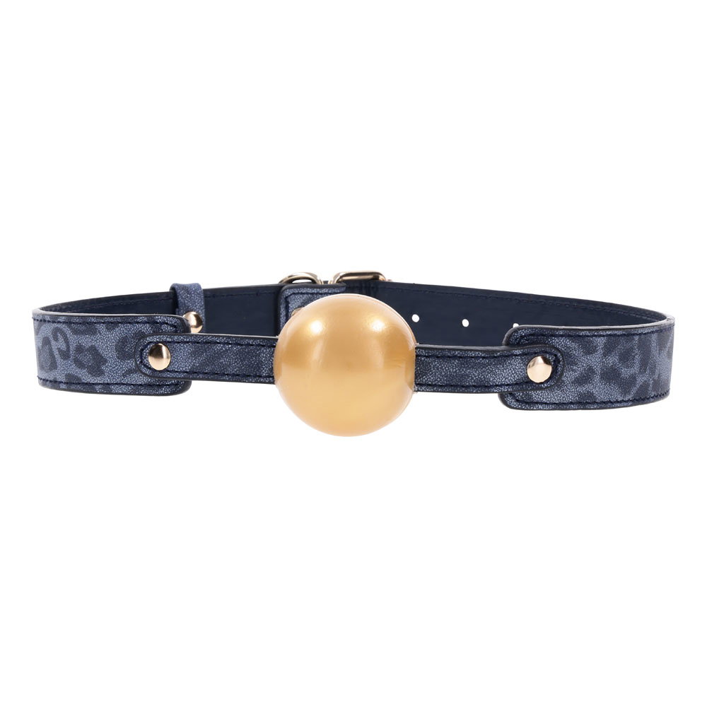 Sportsheets S&M Cougar Ball Gag, a soft rubber ball gag with blue and gold strap