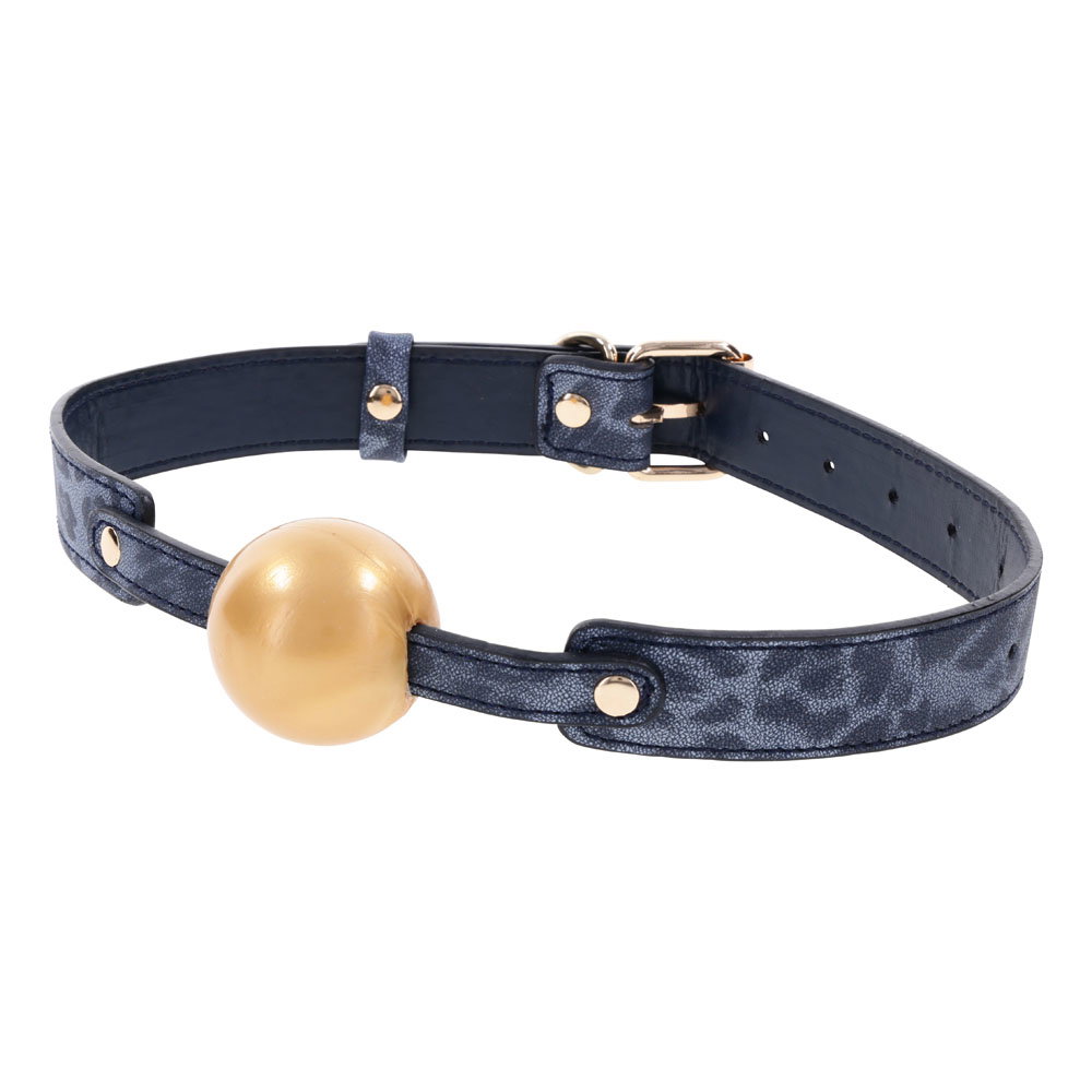 Sportsheets S&M Cougar Ball Gag, a soft rubber ball gag with blue and gold strap