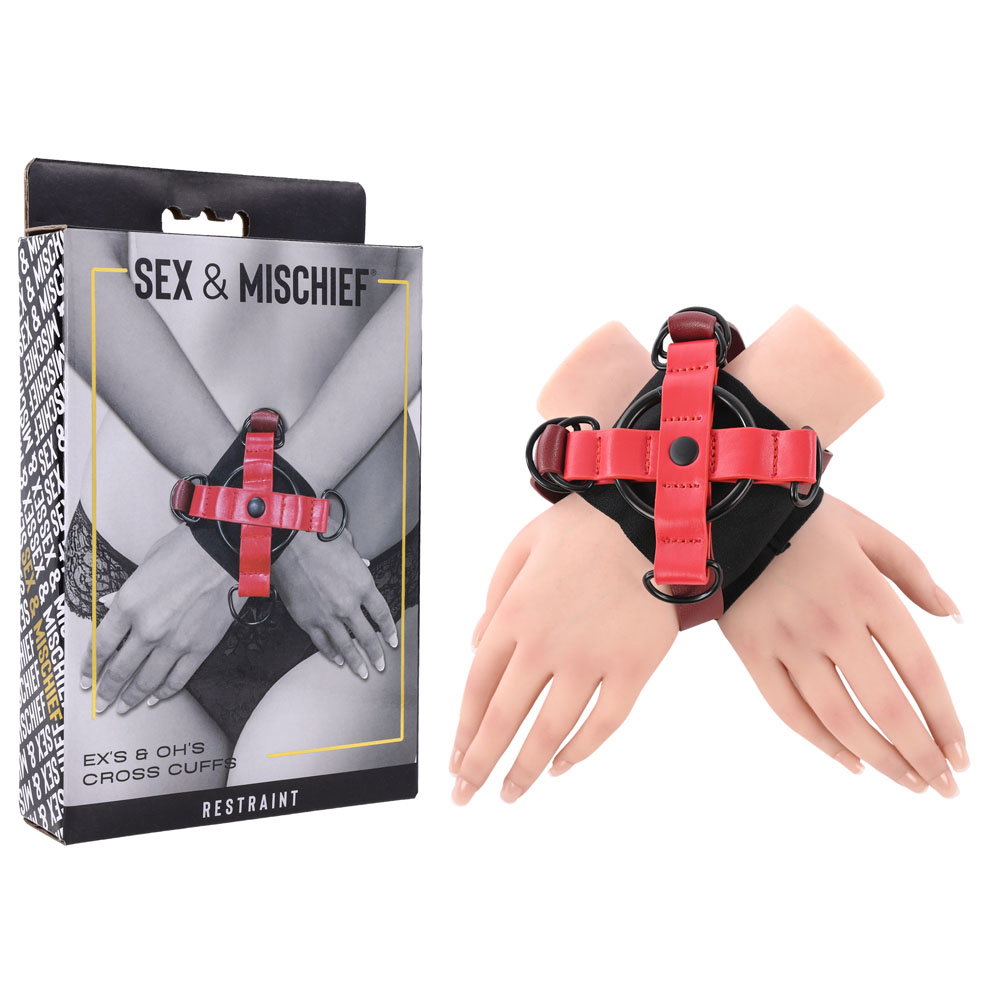 Sportsheets Exs & Ohs Cross Cuffs, an X-shaped wrist restraint with adjustable straps and D-ring fastening