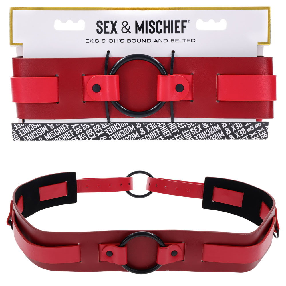 Sportsheets Exs & Ohs Bound and Belted faux leather restraint belt with red accents, D-rings and O-rings