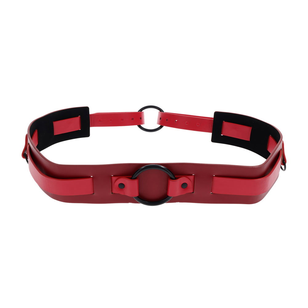Sportsheets Exs & Ohs Bound and Belted faux leather restraint belt with red accents, D-rings and O-rings