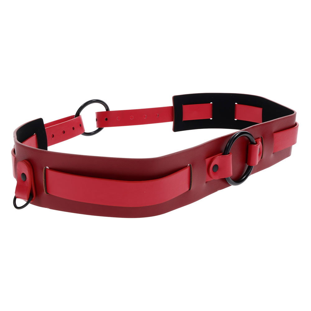 Sportsheets Exs & Ohs Bound and Belted faux leather restraint belt with red accents, D-rings and O-rings