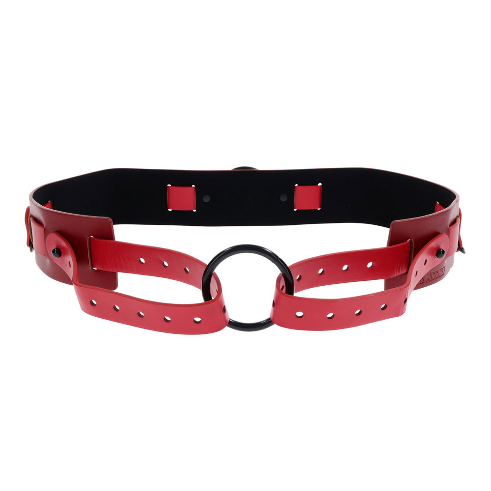 Sportsheets Exs & Ohs Bound and Belted faux leather restraint belt with red accents, D-rings and O-rings