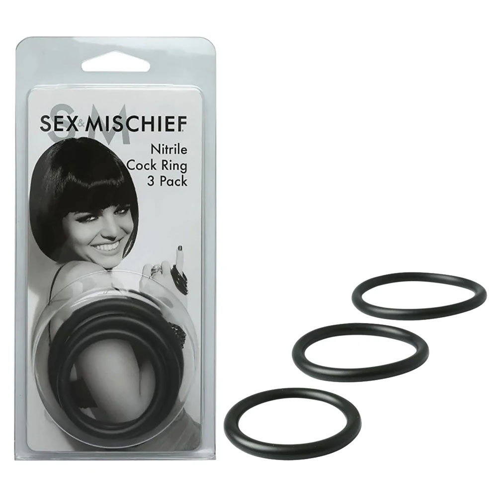 Sportsheets S&M Nitrile Cock Ring 3 Pack showing three stretchy rubber rings in different diameters