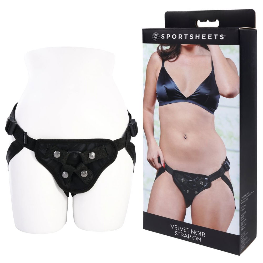 Sportsheets Velvet Noir adjustable strap-on harness in marbled faux leather with hematite-style snaps