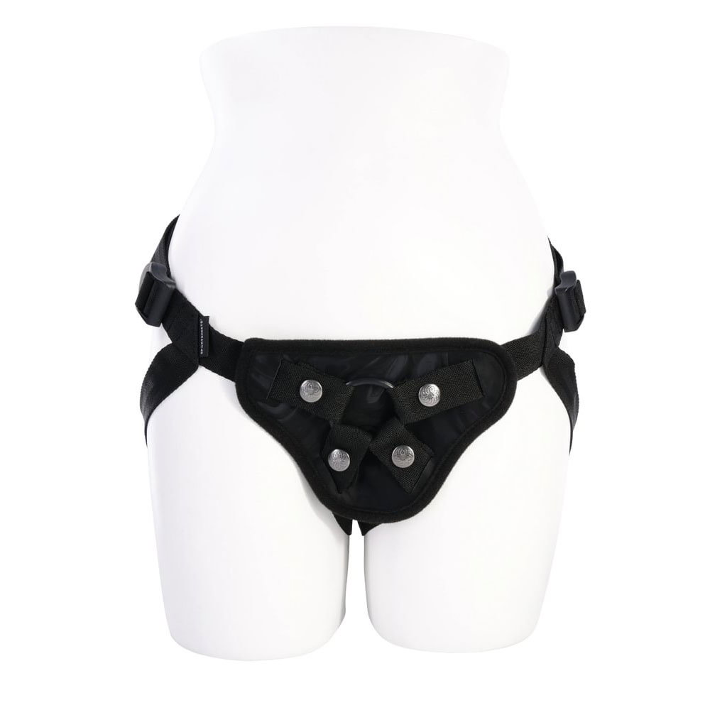Sportsheets Velvet Noir adjustable strap-on harness in marbled faux leather with hematite-style snaps