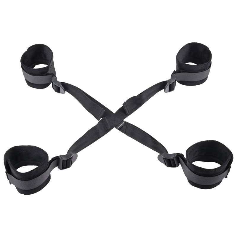 Sportsheets S&M Hog Tie, a black adjustable bondage restraint with four connected soft cuffs
