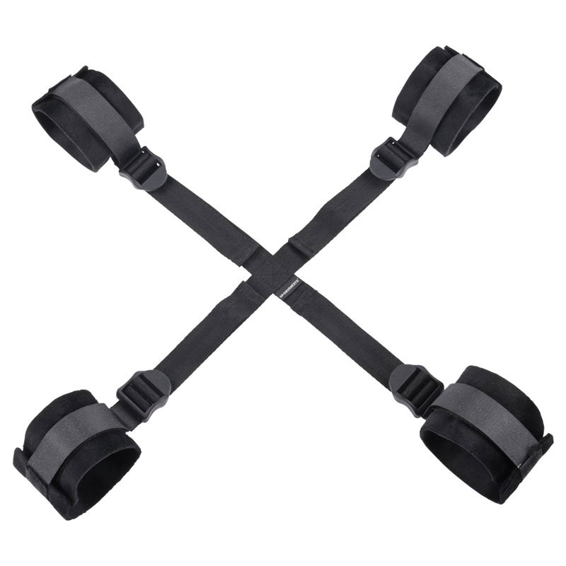 Sportsheets S&M Hog Tie, a black adjustable bondage restraint with four connected soft cuffs