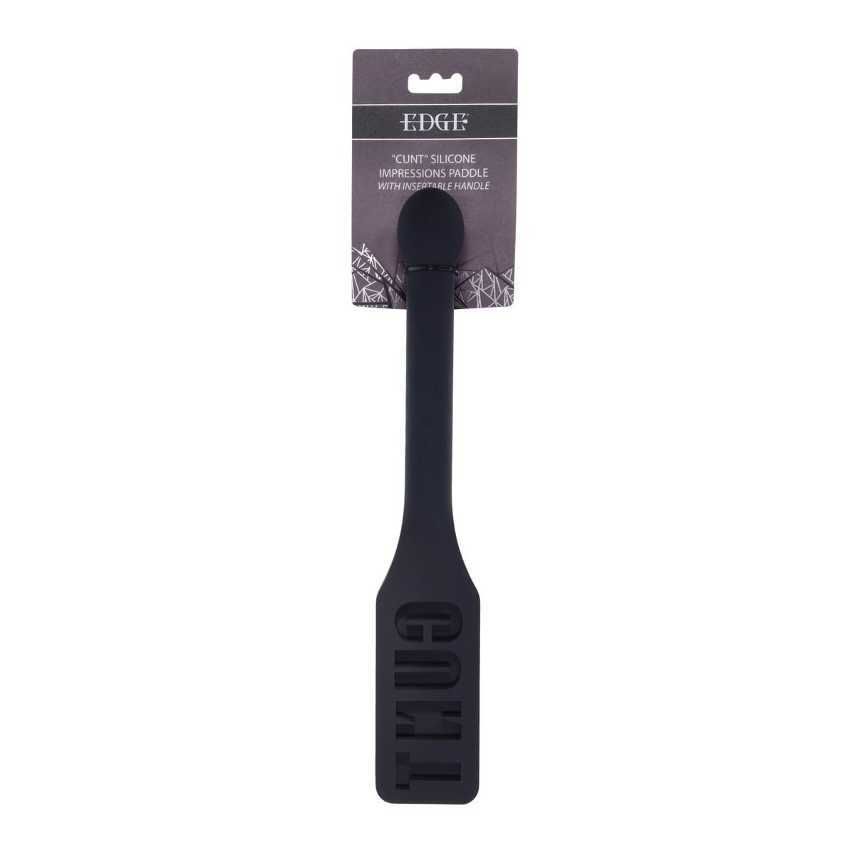 Sportsheets Edge silicone impact paddle with imprinted word on one side and smooth reverse side