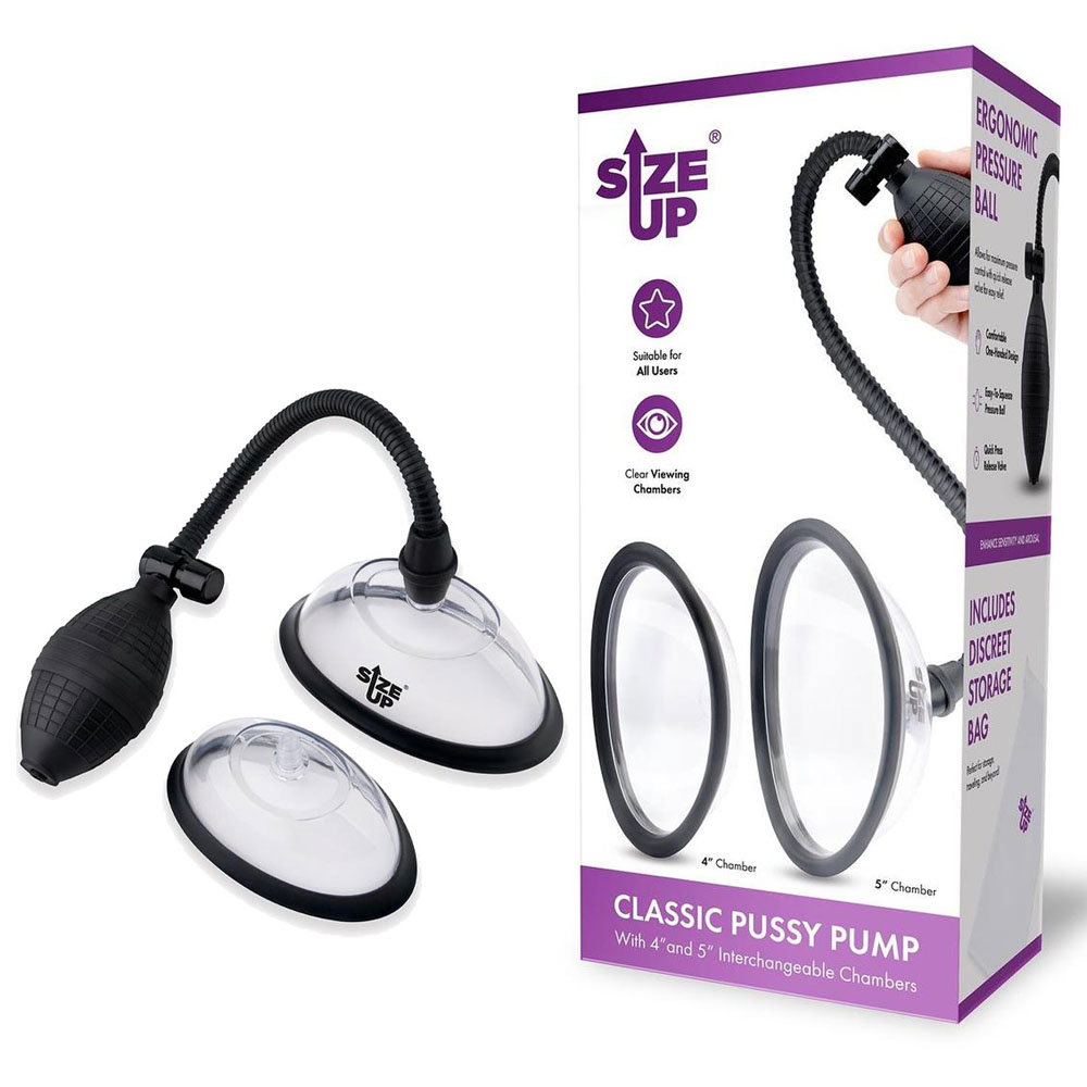 Size Up Classic Vagina Pump with two clear interchangeable chambers, pressure hose and ball grip handle